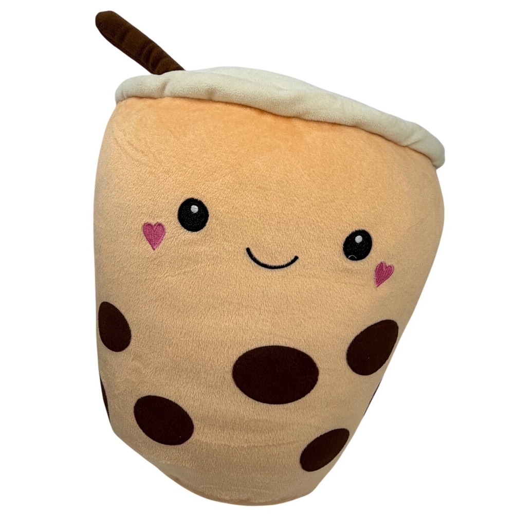 Boba Tea Plush 12 Inch Kawaii Bubble Milk Tea Stuffed Toy Tan Brown Heart Cheeks